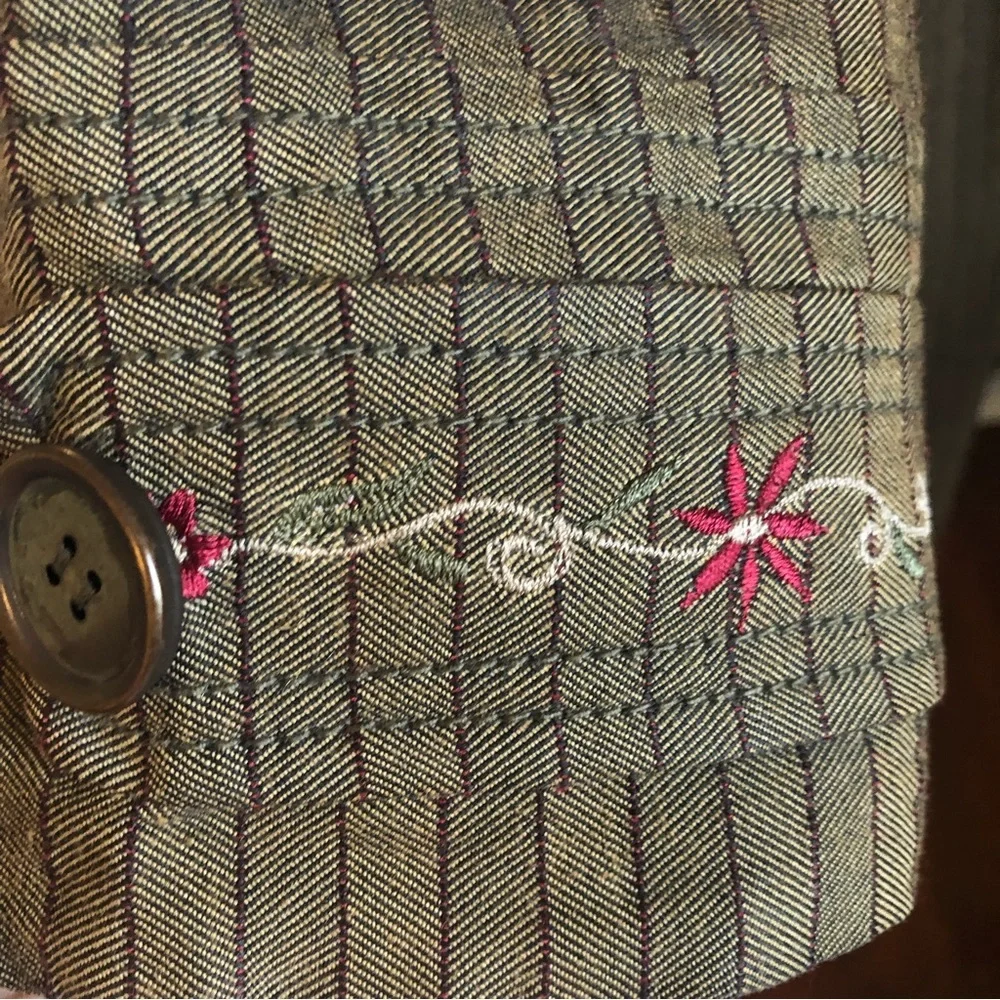 Mrs.Pepper Green Herringbone red pinstripe coat w/buttons & 3/4sleeves SizeLarge